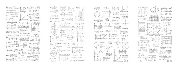 Obraz premium Handwritten mathematical equations and graphs on white paper with various formulas and diagrams mathematics
