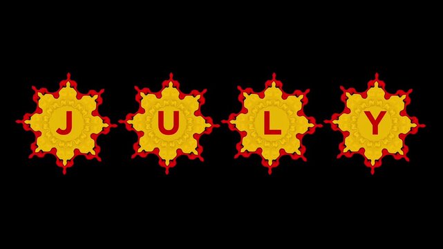 Luxury Gold Metal Ornamental Background With Elegant Red Pattern, Red Letters &ldquo;JULY&rdquo; Appearing One by One Cinematic Text Reveal Animation, Royal Golden Metallic Decorative Badge Style Premium Motion 