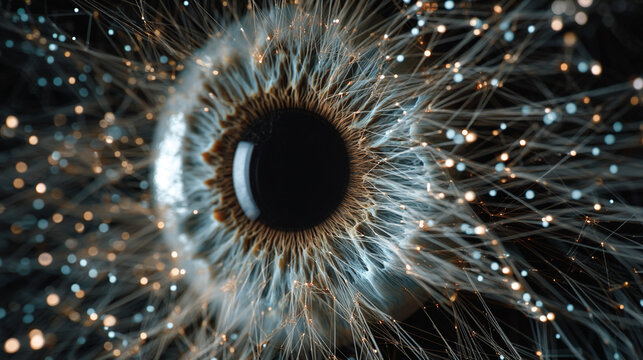 A highly detailed and futuristic human eye with sparkling fiber optic connections