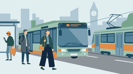 Urban scene with people waiting for public transport, bus and tram © CURVARA