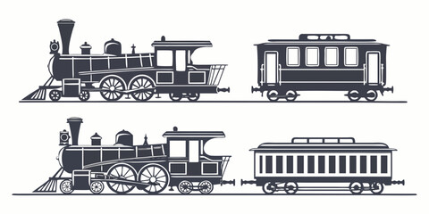 Vintage steam locomotives and passenger carriages in black and white illustration © AF