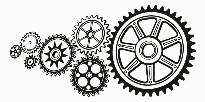 Intricate black and white illustration of interlocking gears