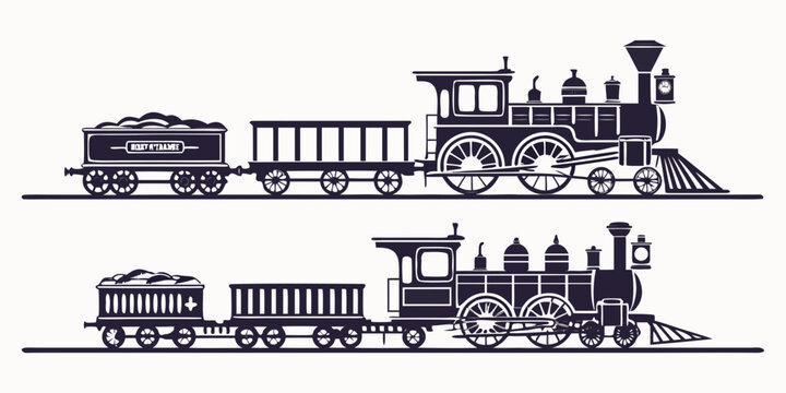Vintage steam and diesel trains depicted in a black and white illustration
