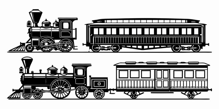 A detailed illustration of a vintage steam train with four carriages