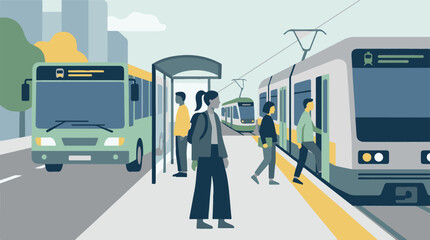 Commuters at an urban transportation hub with bus and train © CURVARA