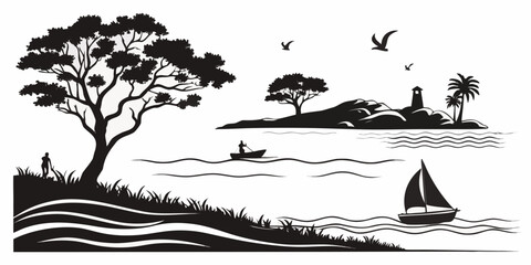 A serene sailboat journeying towards a tranquil island paradise under a clear sky. © AF