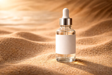 Naklejka premium Natural skincare serum dropper bottle cosmetic product mockup on sand background