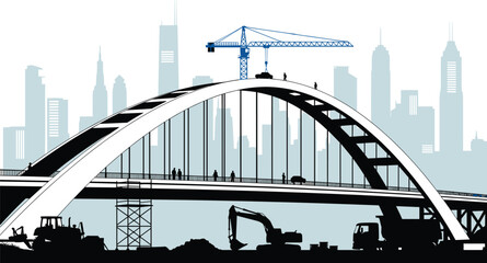 Urban bridge construction illustration, large arch structure, tower crane, workers, vehicles, excavator, dump truck, bulldozer, city skyline, infrastructure project. © MdShahadot