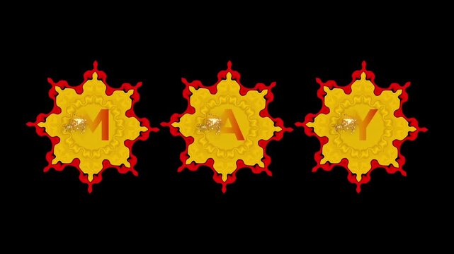 Luxury Gold Metal Ornamental Background With Elegant Red Pattern, Red Letters &ldquo;MAY&rdquo; Appearing One by One Cinematic Text Reveal Animation, Royal Golden Metallic Decorative Badge Style Premium Motion 