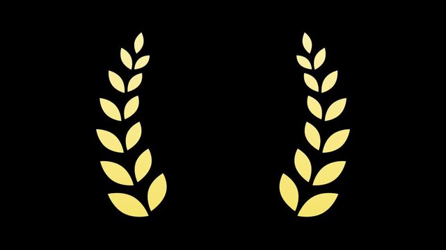 Animation of golden laurel leaves appearing. A gold award on a black background.