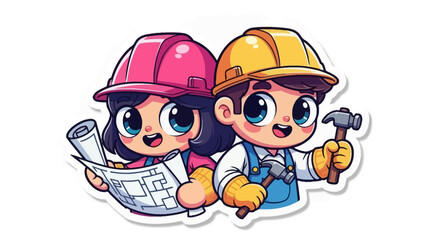Fototapeta premium Two cartoon construction workers with hard hats examine a blueprint together outdoors.