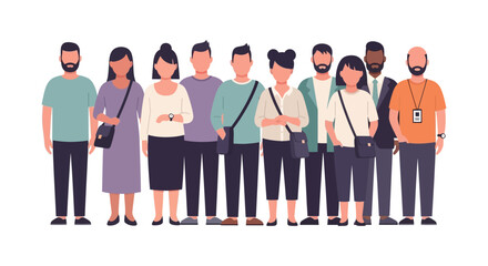 Obraz premium Diverse Group of People Standing. Flat Vector Illustration of Multiracial Men and Women Representing Community, Team, and Employee Diversity.