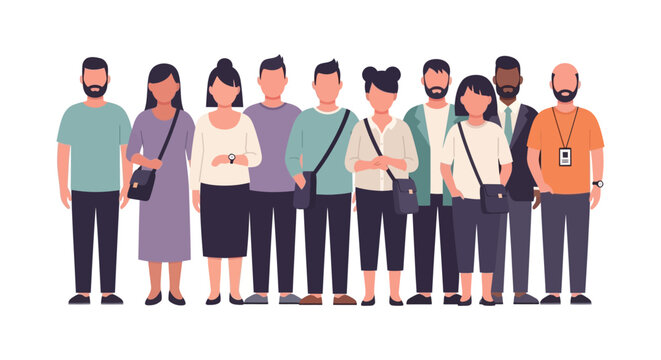 Diverse Group of People Standing. Flat Vector Illustration of Multiracial Men and Women Representing Community, Team, and Employee Diversity.