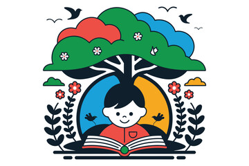 Naklejka premium Happy child reading book under large colorful tree with birds flying above symbolizing knowledge education growth
