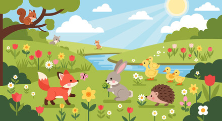 Obraz premium Cute spring meadow animals with fox rabbit hedgehog ducks and flowers