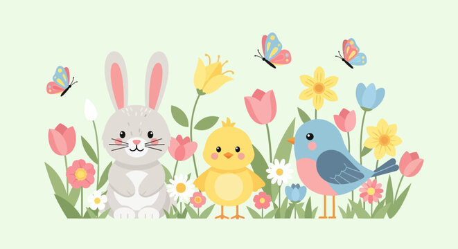 Cute bunny chick and bird friends with butterflies in spring flowers