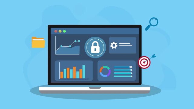 Animated laptop displaying secure data analytics dashboard with lock symbol, charts, and interface icons including search, folder, and target. Concept of cybersecurity, data management, and business m