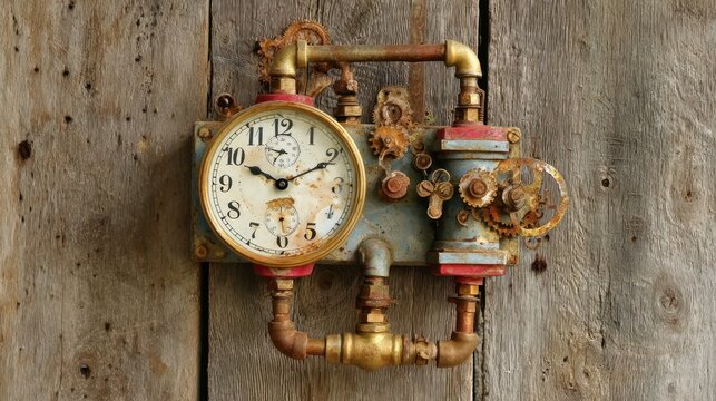 Ornate steampunk clock on weathered wood