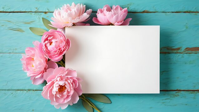 greeting card mockup. Top view blank white paper template with various spring flowers on colorful wooden background