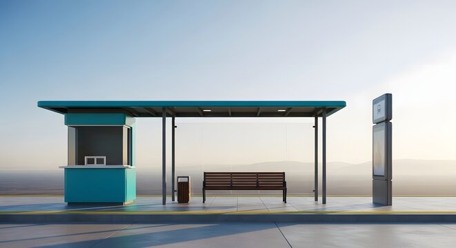 empty bus stop shelter with bench and vending machine at dawn