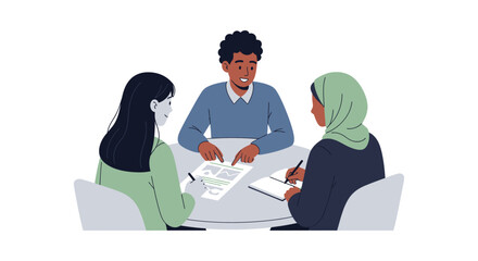 Fototapeta premium Diverse Business Team Collaborating at Meeting Table | Project Discussion & Strategy Planning Illustration