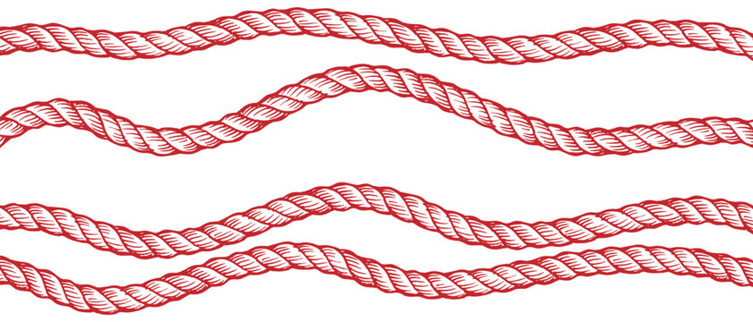Pink pastel wavy rope border lines. Horizontal twisted string divider set. Continuous nautical cord layout background. Flat vector editable EPS illustration element. 