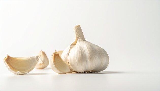 realistic photo of fresh garlic cloves arranged naturally
isolated on pure white background, studio lighting, ultra detailed texture, 8k