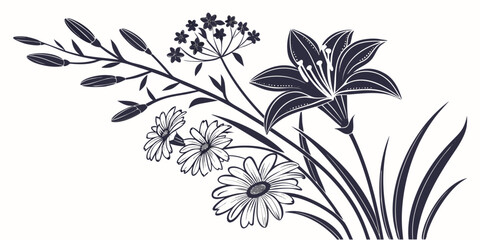 A delicate illustration of a flower with leaves and buds in a monochromatic design © AX