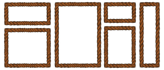 Rope borders. Blank rectangular twisted rope borders. Rustic brown square picture frame templates. Nautical marine string label layouts. Isolated EPS vector graphic illustration set. © ARTIST LAB