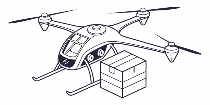 A futuristic drone with a package attached, ready for delivery.