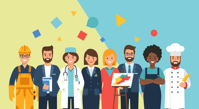 Diverse group of professionals standing together showcasing different careers.