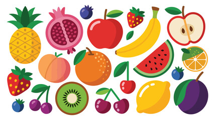 Colorful assortment of fresh organic fruits and berries with bright flat style elements, healthy lifestyle concept, clean nutrition design, premium vector illustration. © Ayat 03