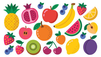 Colorful assortment of fresh organic fruits and berries with bright flat style elements, healthy lifestyle concept, clean nutrition design, premium vector illustration. © Ayat 03