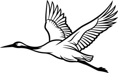 Elegant black and white illustration of a graceful crane or heron bird in full flight with outstretched wings, capturing its serene movement and natural beauty as it soars through the sky.