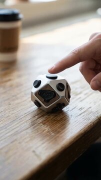 Productivity Tools focus apps concept. Person touching a fidget cube on a wooden table with a coffee cup in the background