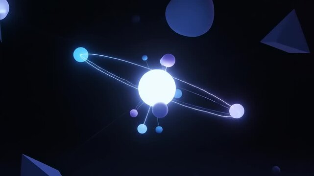 3D render of glowing spheres connected by lines, abstract digital artwork. Networked connections in the deep dark of space. Modern, surreal, conceptual art.