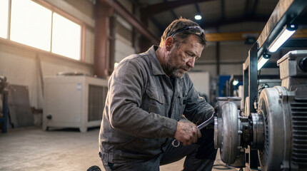 Fototapeta premium A focused mechanic meticulously works on industrial machinery inside a bright workshop, expertly handling a wrench to maintain and repair intricate systems.