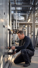 A focused worker meticulously inspects and maintains intricate machinery within an industrial facility.