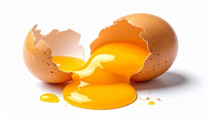 realistic photo of cracked egg with yolk visible isolated on pure white background, high detail food photography, 8k