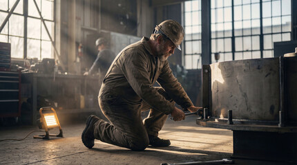Fototapeta premium A skilled worker focuses intently on his task, illuminated by the radiant light of a spacious workshop.