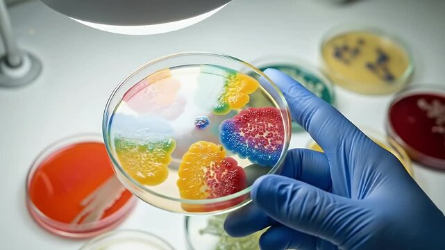 Scientist Rotating Petri Dish with Bacterial Colonies in Microbiology Lab