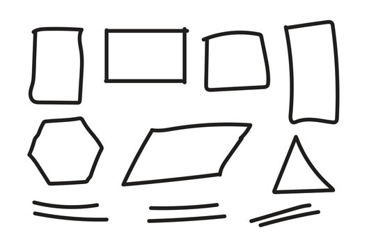 Hand drawn geometric shapes set, sketchy frames and doodle borders collection in line art style
