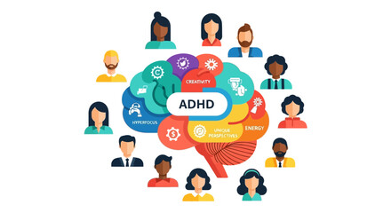 Fototapeta premium ADHD Strengths Infographic: Neurodiversity, Creativity, Hyperfocus, and Unique Perspectives in Diverse People