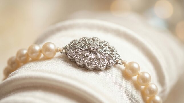 Macro detail of a wrist in white satin opera gloves adorned with a single strand of vintage pearls and a crystal clasp.