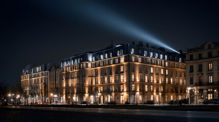 Nighttime cityscape with illuminated buildings