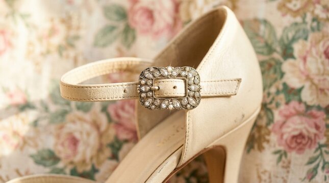 Macro close-up of the ankle strap and rhinestone buckle of a vintage-inspired cream pump against a floral chintz fabric.
