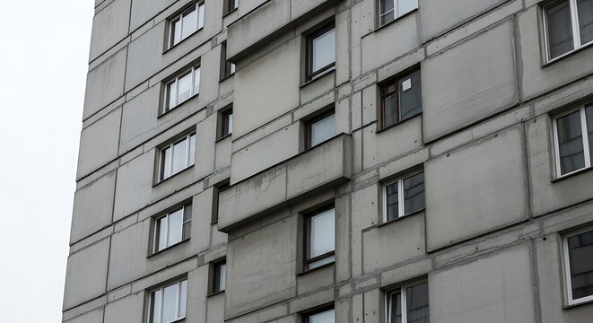Concrete apartment building with many windows and balconies.