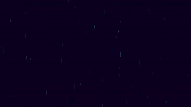 Abstract digital rain of blue and green binary code particles falling against a dark purple background creating a futuristic technology concept