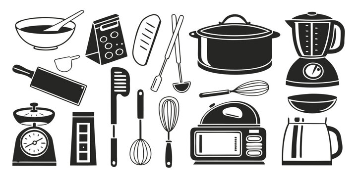 A diverse collection of kitchen utensils and appliances for cooking and baking.