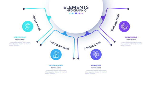 Semicircular chart divided into 4 colorful sectors. Concept of four features of startup project to select. Minimal flat infographic vector illustration for business information visualization.